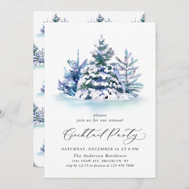 Invitation Watercolor Pine Tree Chic Noël Cocktail Party (Devant / Derrière)