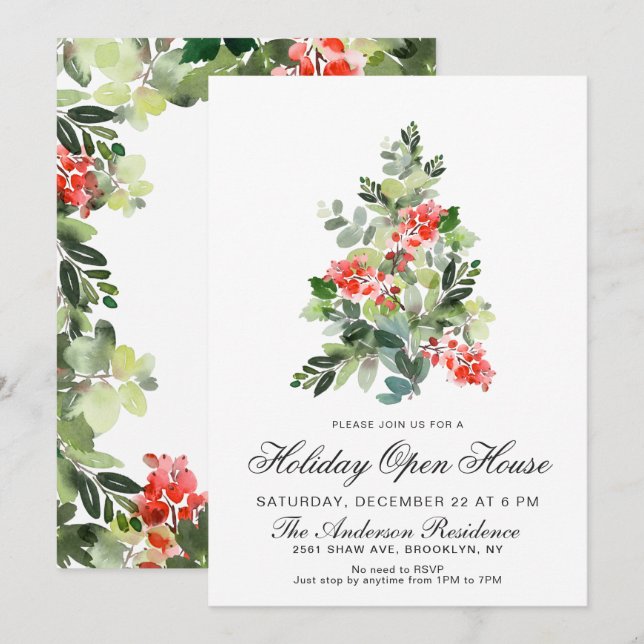 Invitation Watercolor Pine Tree NOËL VACANCES HOLIDAY OPEN HO (Devant / Derrière)