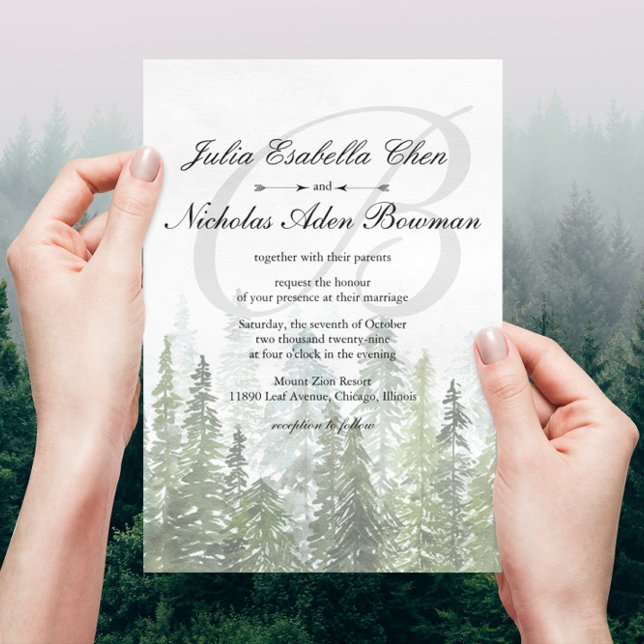 Invitation Watercolor Pine Woods Forest Monogramme Mariage (Créateur téléchargé)