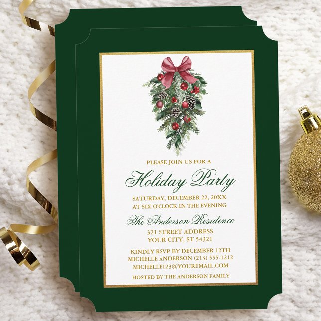 Invitation Watercolor Pines Calligraphie Gold Holiday Party (Customize to change text color, size, style.)
