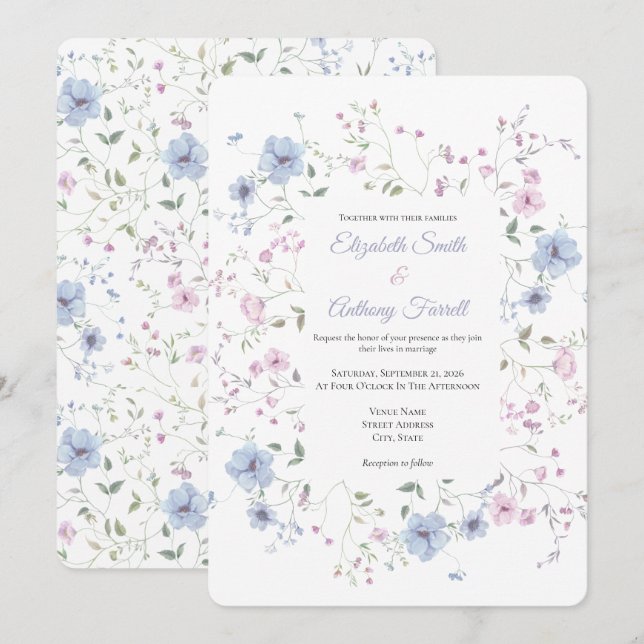 Invitation Watercolor Pink And Dusty Blue Botanical Wedding  (Devant / Derrière)
