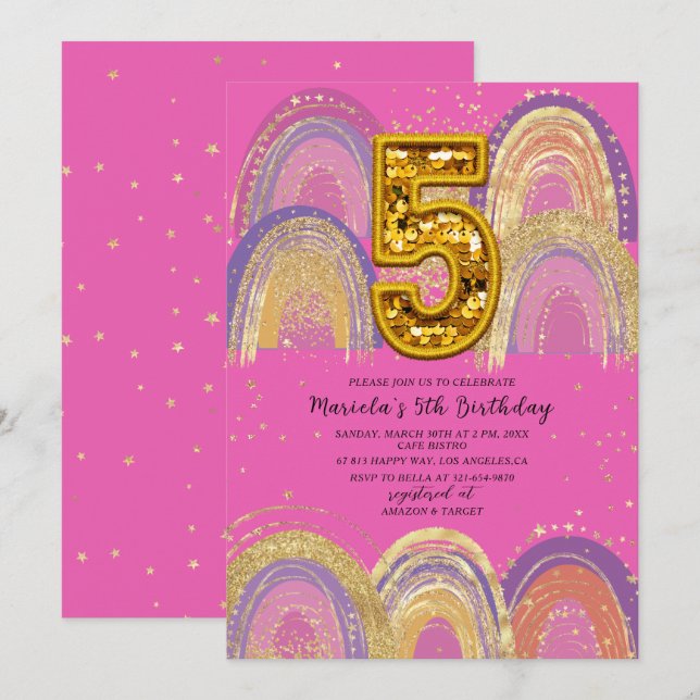 Invitation Watercolor pink and gold stars  Birthday Party (Devant / Derrière)
