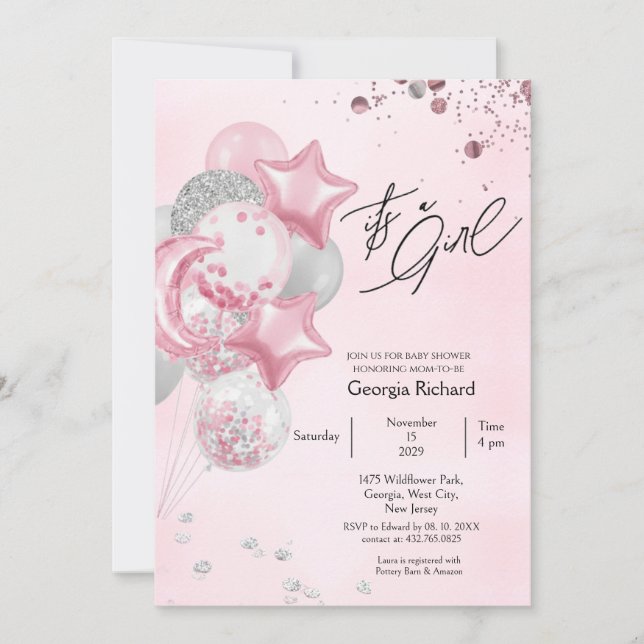 Invitation Watercolor Pink Balloons Its A Girl Baby Shower  (Devant)
