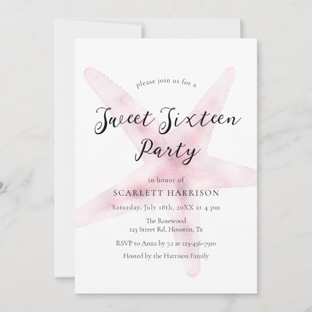 Invitation Watercolor Pink Beach Sweet sixteen Party (Devant)