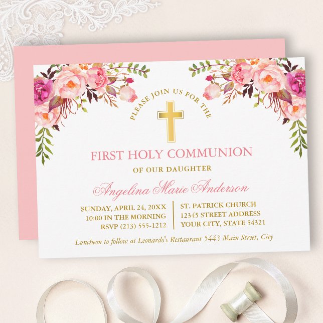 Invitation Watercolor Pink Blush Floral Gold Communion (Customize to change text color, text style or color of back of card.)