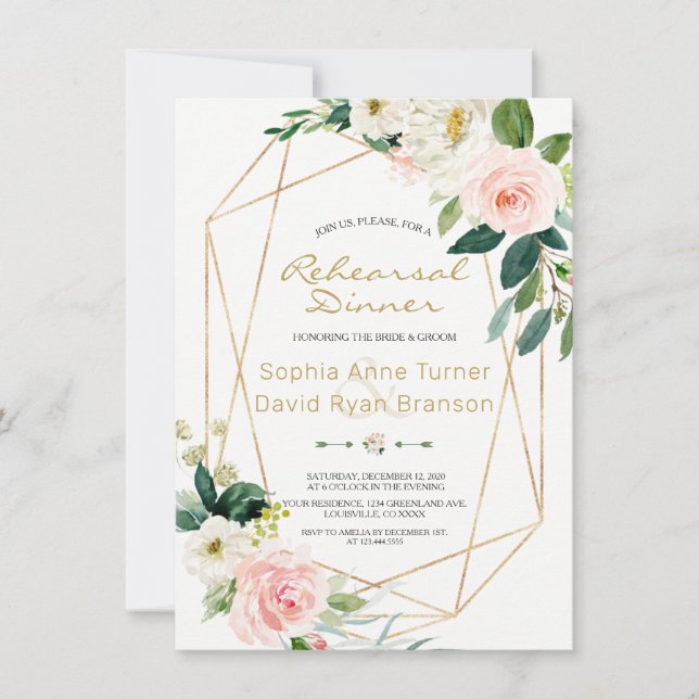 Invitation Watercolor Pink Blush Floral Gold Rehearsal Dinner (Devant)