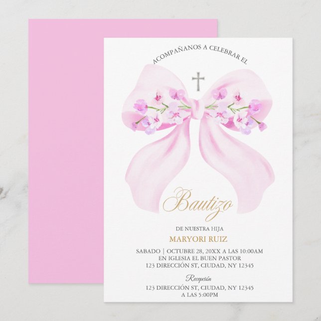 Invitation Watercolor Pink Bow Floral Girl Baptism (Devant / Derrière)