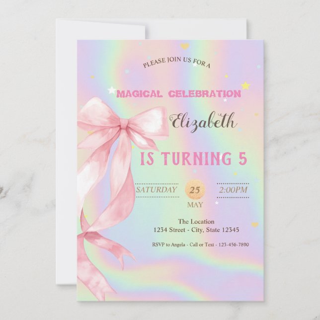 Invitation Watercolor Pink Bow Holographic Birthday (Devant)
