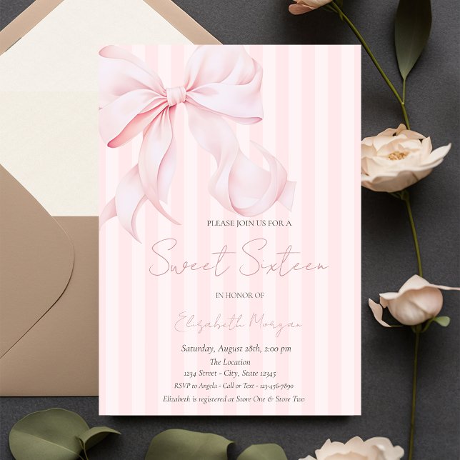 Invitation  Watercolor Pink Bow Pink Stripes Sweet 16 (Créateur téléchargé)