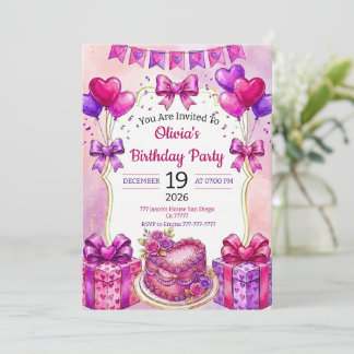 Invitation Watercolor Pink Cake and Floral Heart Birthday