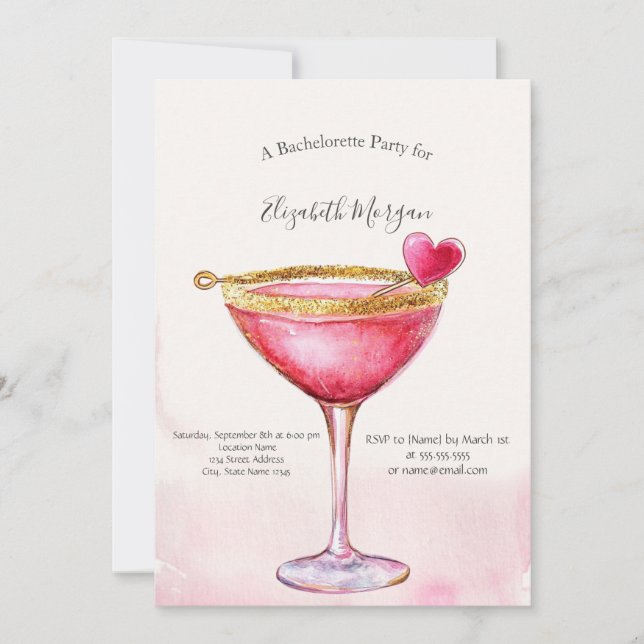 Invitation Watercolor Pink Cocktail Heart Bachelorette Party (Devant)