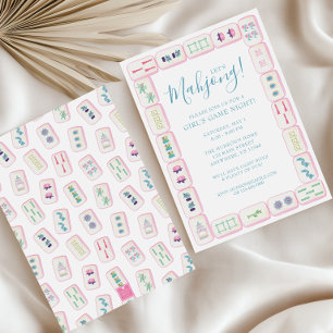 Invitation Watercolor Pink et Green Mahjong Tiles Party