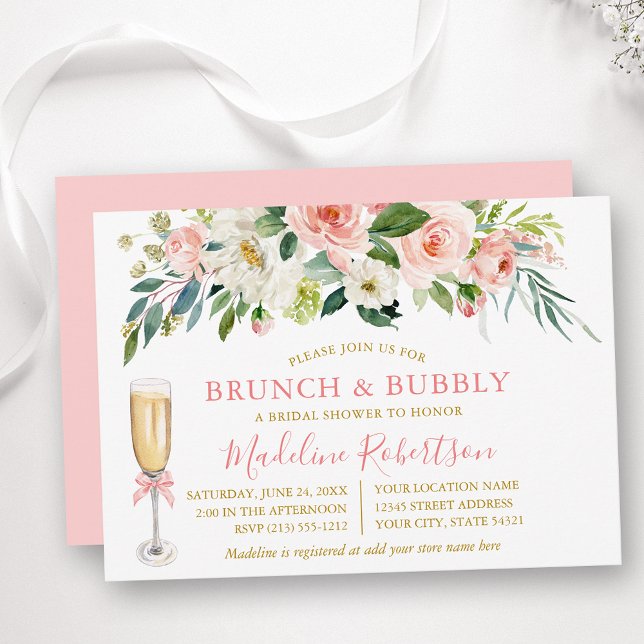 Invitation Watercolor Pink Floral Bridal Shower Brunch Gold (Customize to change text color, text style or color of back of card.)