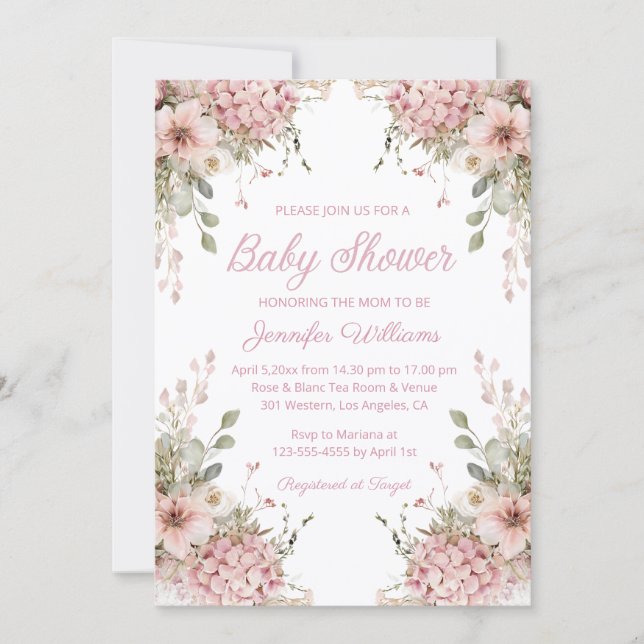 Invitation watercolor pink floral garden girl baby shower (Devant)