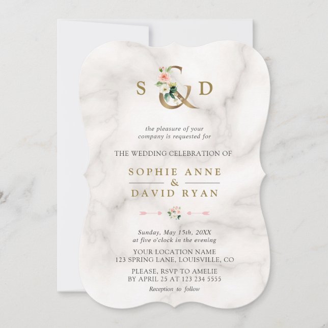 Invitation Watercolor Pink Flowers Ampersand Marble Wedding (Devant)