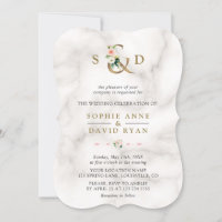 Watercolor Pink Flowers Ampersand Marble Wedding
