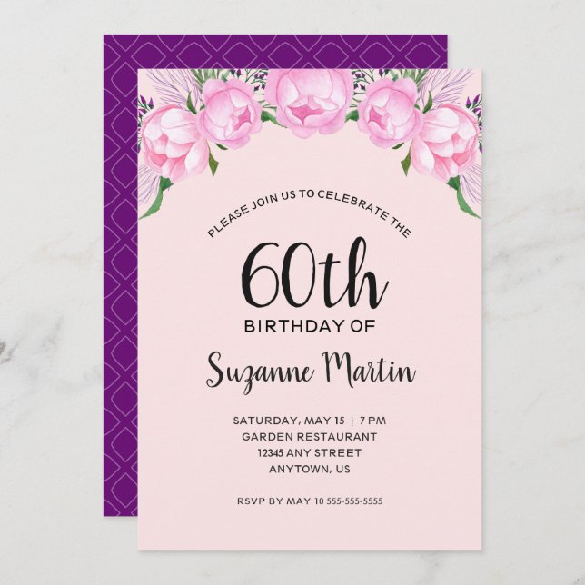 Invitation Watercolor Pink Peonies 60e fête d'anniversaire (Devant / Derrière)