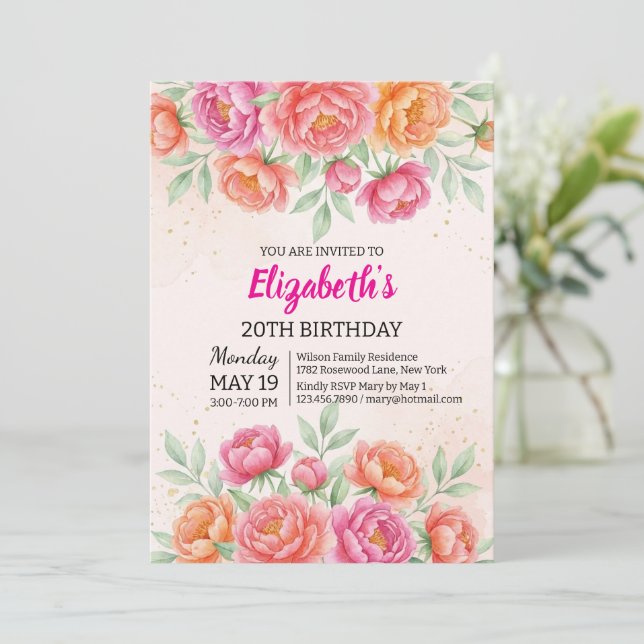 Invitation Watercolor Pink Peony Floral Birthday (Debout devant)