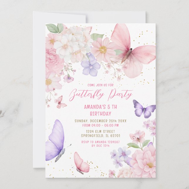 Invitation Watercolor Pink Purple Butterflies 5th Birthday  (Devant)