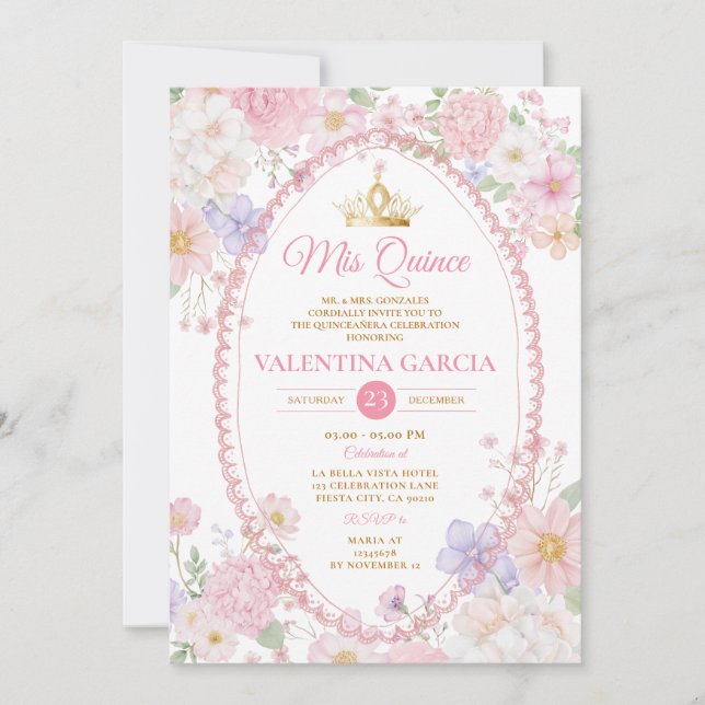 Invitation Watercolor Pink Quinceañera 15 Anos Flowers Gold (Devant)