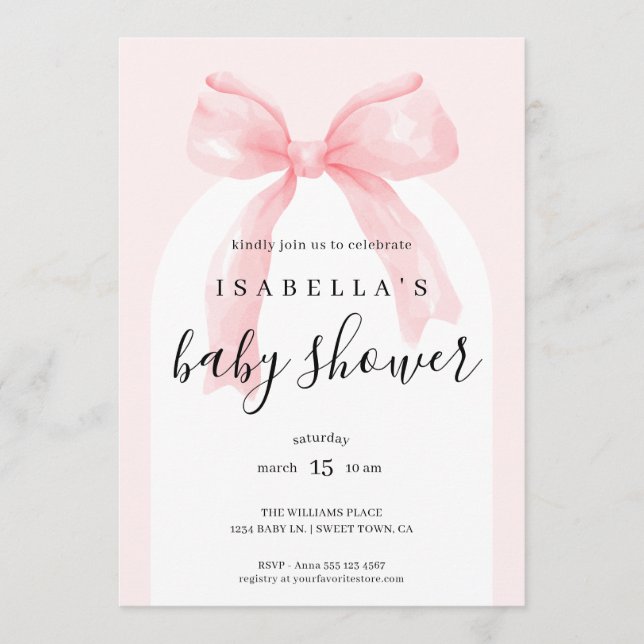 Invitation Watercolor Pink Ribbon Bow Baby Shower (Devant)