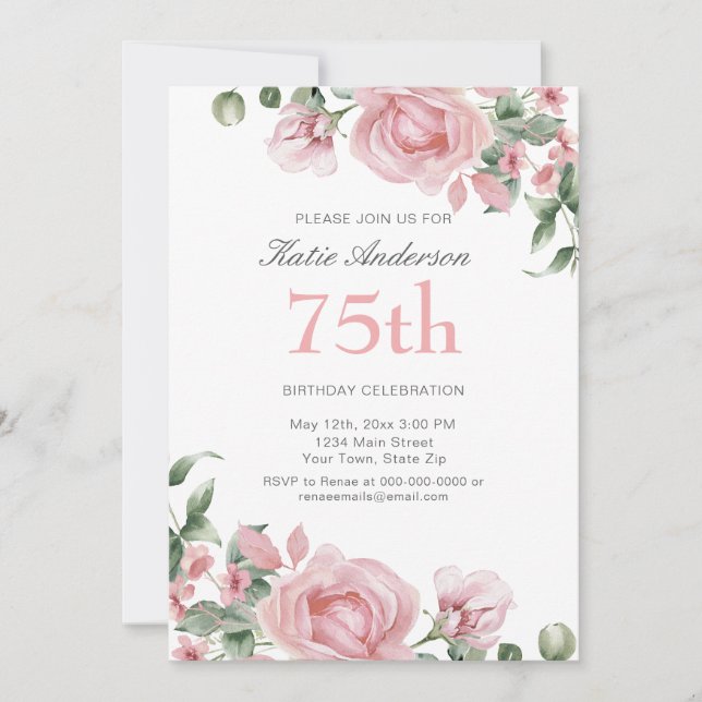 Invitation Watercolor PInk Rose 75th Birthday Party  (Devant)
