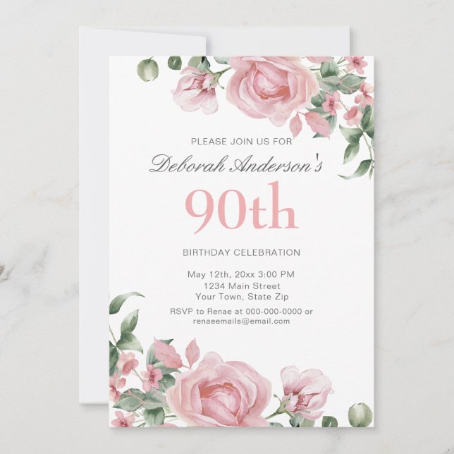 Invitation Watercolor PInk Rose 90th Birthday Party  (Devant)
