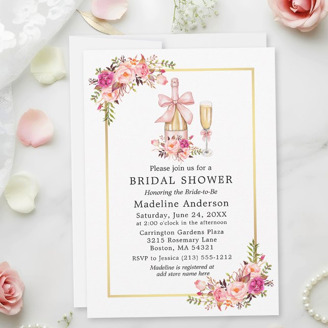 Invitation Watercolor Pink Roses Bow Bridal Shower (Customize to add more text to back of card.)