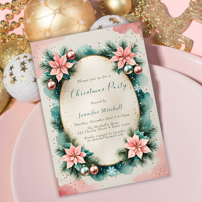 Invitation Watercolor Pink Teal Poinsettia Wreath Christmas (Christmas Party Invitation. Pink and Teal Poinsettia Wreath, Gold Accents, Elegant Watercolor)