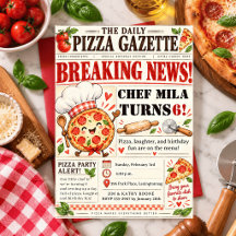 Watercolor Pizza chef Gazette Newspaper Birthday 
