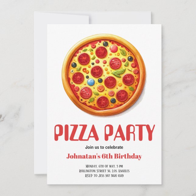 Invitation Watercolor Pizza Party Anniversaire de fête Invita (Devant)