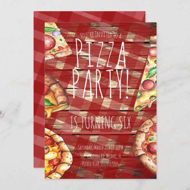 Invitation Watercolor Pizza Plaid Anniversaire Restaurant (Devant / Derrière)
