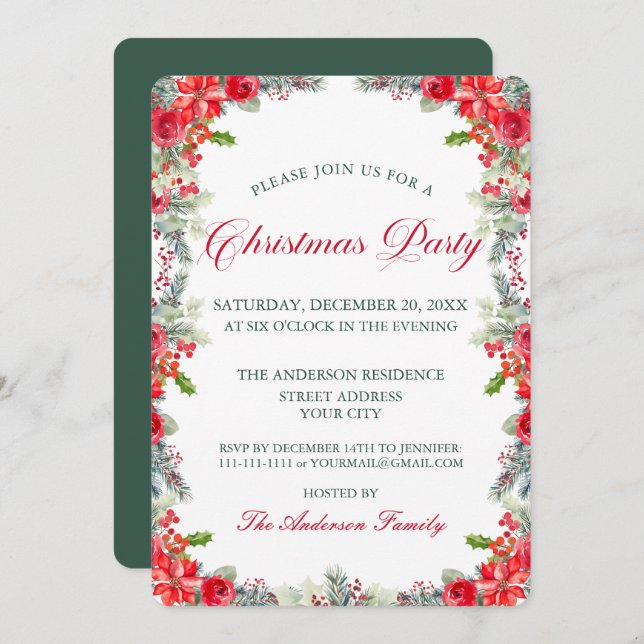 Invitation Watercolor Poinsettia Floral Christmas Party (Devant / Derrière)