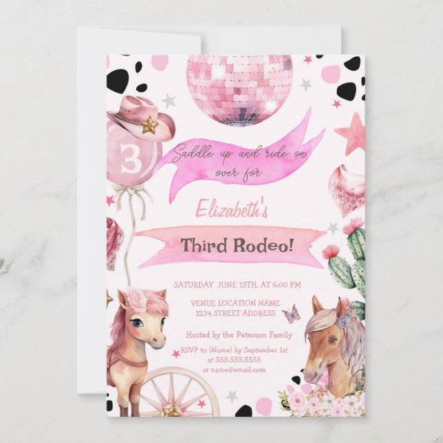 Invitation  Watercolor Pony Rodeo Polka Dots 3rd Birthday  (Devant)