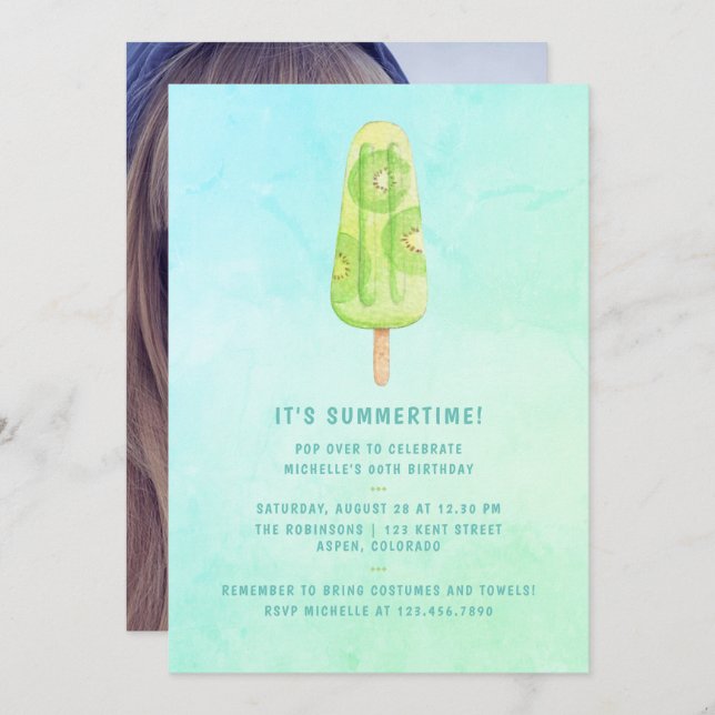Invitation Watercolor Popsicle été fête d'anniversaire Photo (Devant / Derrière)