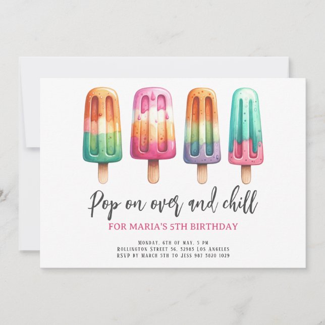 Invitation Watercolor Popsicle Ice Cream Anniversaire de enfa (Devant)