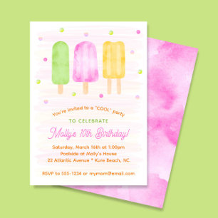 Invitation Watercolor Popsicles Fille colorée 3e anniversaire