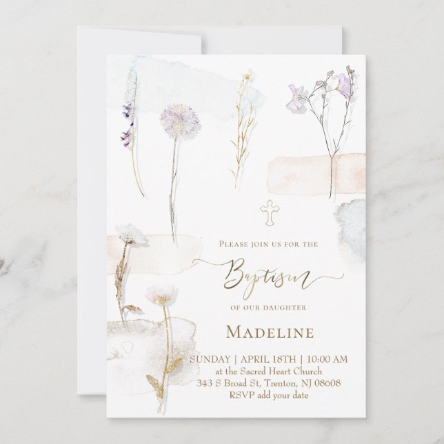 Invitation watercolor pressed flowers Baptism (Devant)