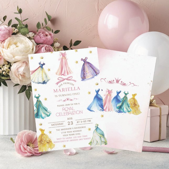 Invitation Watercolor Princess  Dress Birthday is turning fiv (Créateur téléchargé)