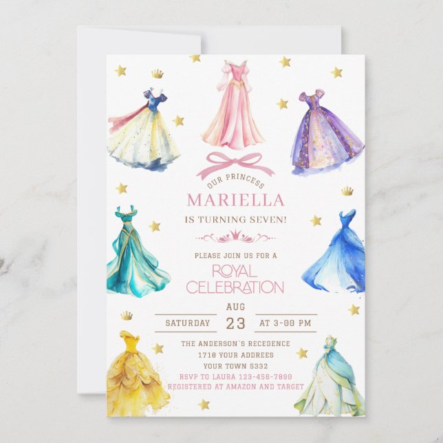 Invitation Watercolor Princess  Dress Birthday is turning sev (Devant)