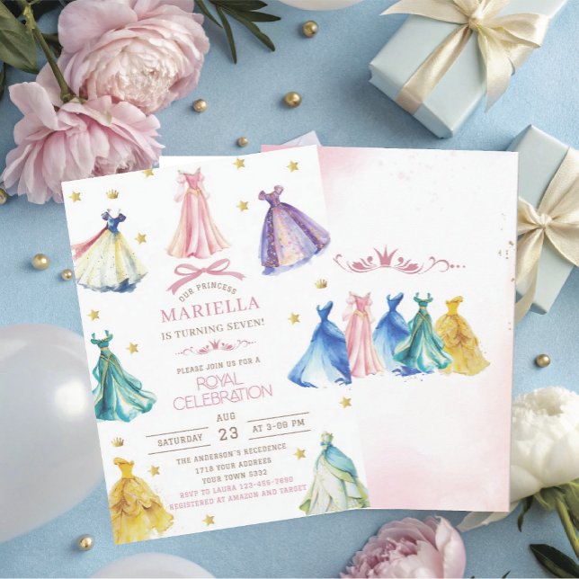 Invitation Watercolor Princess  Dress Birthday is turning sev (Créateur téléchargé)