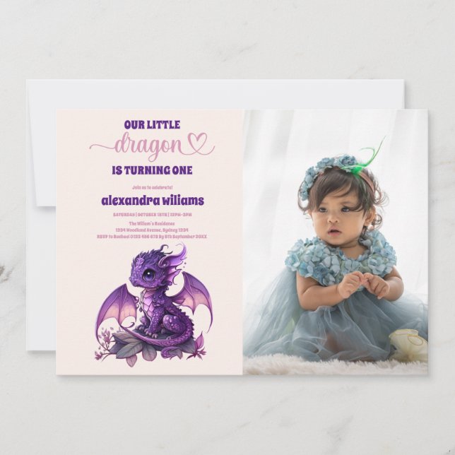 Invitation Watercolor Purple Dragon 1ère photo d'anniversaire (Devant)