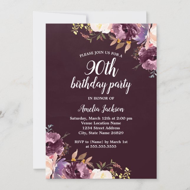 Invitation Watercolor Purple Floral 90e anniversaire (Devant)