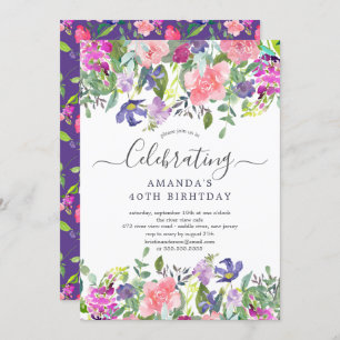 Invitation Watercolor Purple Floral fête d'anniversaire