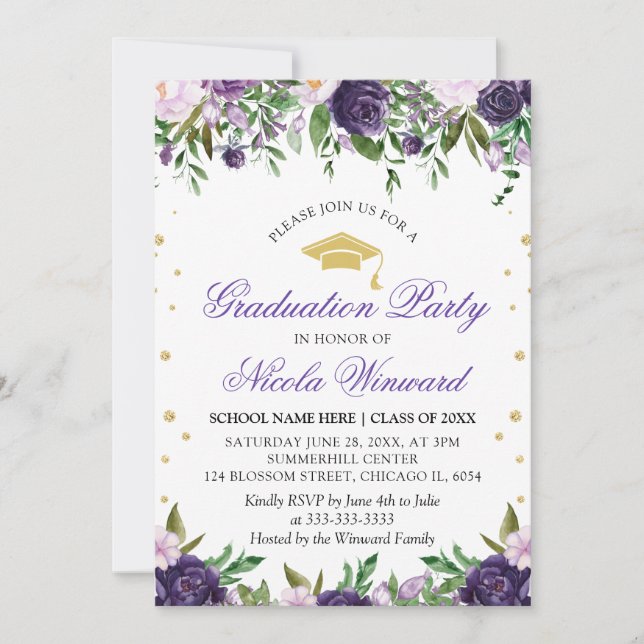 Invitation Watercolor Purple Flowers Girl Graduation Party