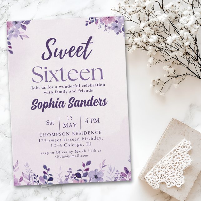 Invitation Watercolor Purple Flowers Sweet Sixteen (Créateur téléchargé)