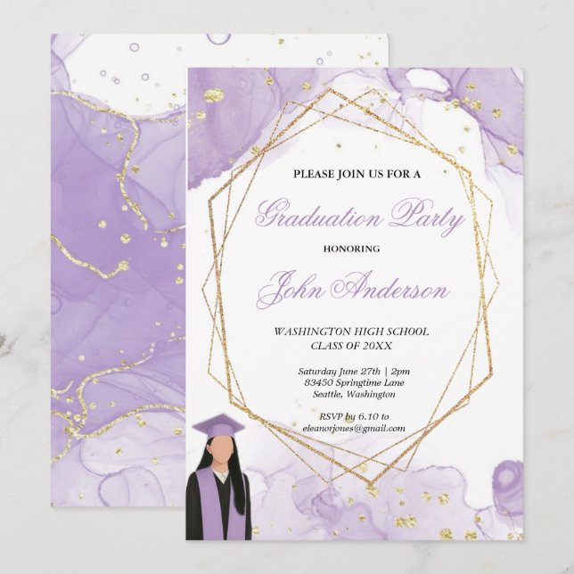 Invitation Watercolor Purple Gold Marble Graduation Party  (Devant / Derrière)