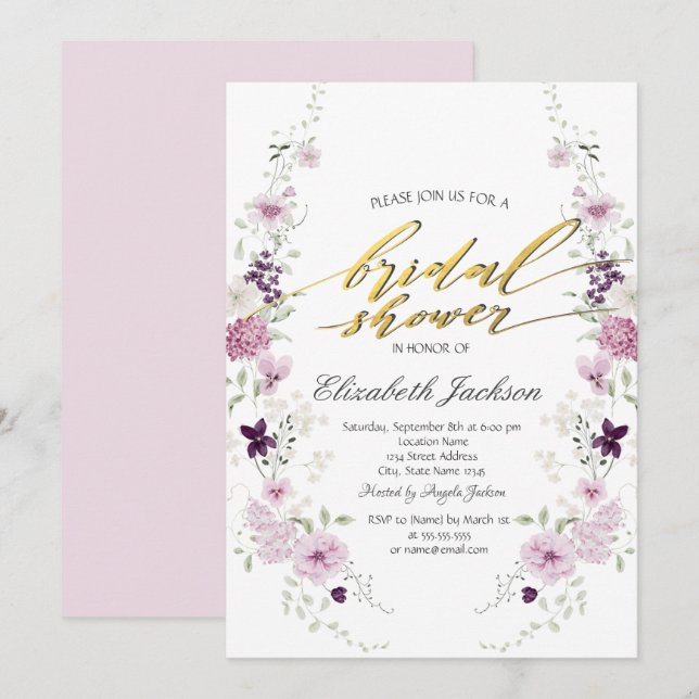 Invitation Watercolor Purple Wildflowers Bridal Shower  (Devant / Derrière)