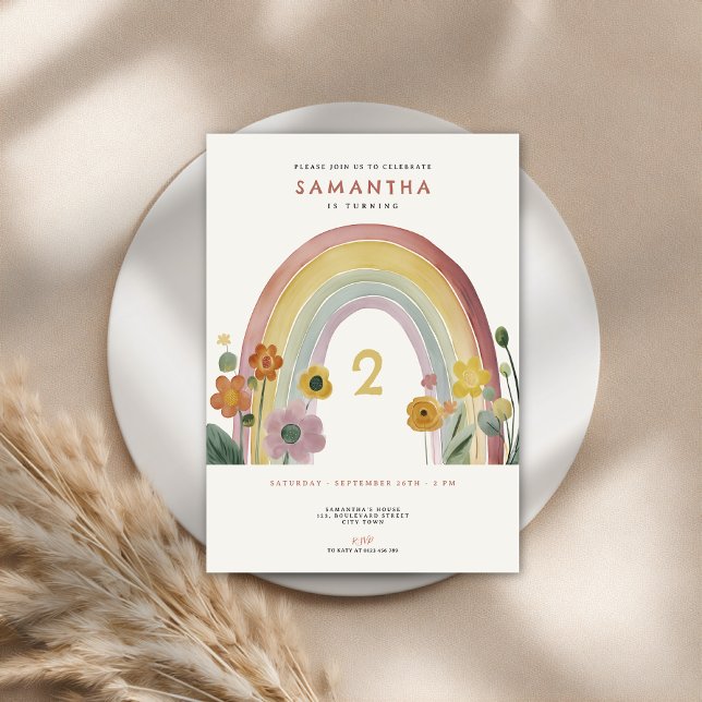 Invitation Watercolor Rainbow Flowers 2nd Birthday Party (Créateur téléchargé)