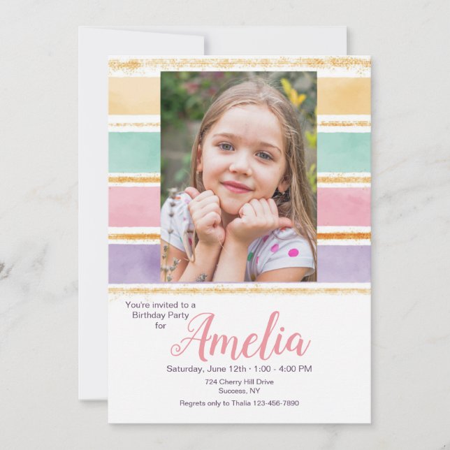 Invitation Watercolor Rainbow Photo Anniversaire (Devant)